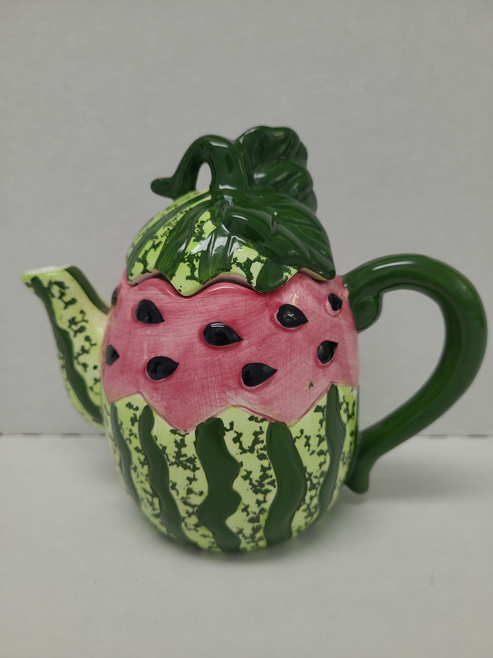 VTG 1996Cracker Barrel Collectible Pink / Green Watermelon Ceramic Teapot, 5 In.